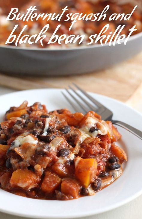 Butternut squash and black bean skillet - Easy Cheesy Vegetarian Black Bean Skillet, Butter Squash Recipe, Easy Vegetarian Dinners, Butternut Squash Black Bean, Black Bean Recipes, Butternut Squash Recipes, Gooey Cheese, Vegetarian Dinners, Paleo Dinner