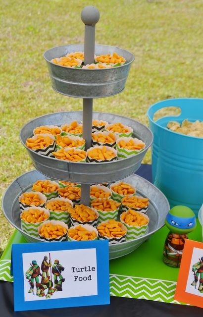 Carter & Clayton's Totally Awesome TMNT Birthday Party | CatchMyParty.com ~ Turtle Food (Goldfish) Ninja Turtle Food, Tmnt Birthday Party Ideas, Turtles Birthday Party Ideas, Ninja Turtles Birthday Party Ideas, Ninja Turtle Party Ideas, Turtle Party Ideas, Tmnt Party Ideas, Teenage Mutant Ninja Turtle Party, Ninja Turtle Theme