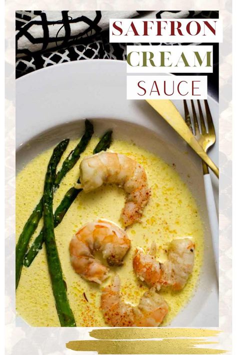 Easy elegant shrimp recipe for dinner. Poached shrimp in ale and a saffron cream sauce. Great shrimp recipe for a special occasion, New Years Eve, Christmas, Valantines Day dinner. Saffron Butter Sauce, Seafood Cream Sauce, Upscale Dinner Recipes, Saffron Cream Sauce, Shrimp Cream Sauce, Poached Shrimp, Saffron Cream, Keto Dips, Alpha Gal