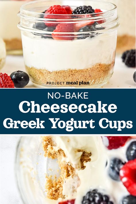 These No-Bake Cheesecake Greek Yogurt Cups feature a classic graham cracker base, topped with homemade cheesecake flavored Greek yogurt filling. Portion into mason jars for make-ahead friendly single serve desserts anytime! ProjectMealPlan.com Cheesecake Greek Yogurt, Mason Jar Cheesecake, Greek Yogurt Snacks, Breakfast Cheesecake, Greek Yogurt Dessert, Healthy Cheesecake Recipes, Greek Yogurt Cheesecake, Yogurt Snacks, Yogurt Toppings