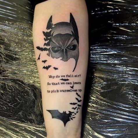 Batman is probably the coolest superhero we know. He is a billionaire playboy who runs an empire during the day and fights crime during the night. His fighting skills are unparalleled and he has all… Batman Tattoo Sleeve, Batman Logo Tattoo, Batman Symbol Tattoos, Batman Tattoos, Arm Tattoos Black, Tattoo Quotes For Men, Comic Tattoo, Batman Tattoo, Bat Tattoo