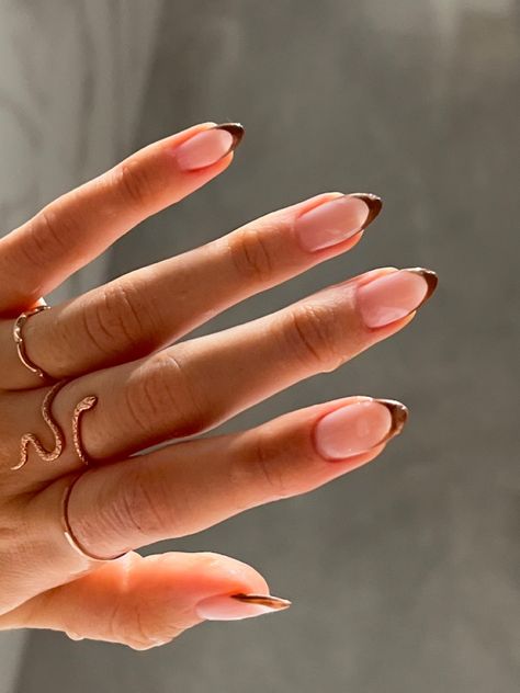 Brown Tips Almond Nails, Almond Nails French Tip And Solid, Decorated French Tip Nails, Almond Nails Brown French Tip, Short Almond French Tip Nails Color, Cute November Nails Almond, Brown Tip Almond Nails, Brown French Tips Almond, Multicolor French Tip Nails Almond