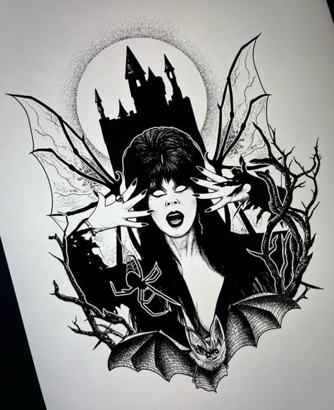 Elvira Tattoo Design, Elvira Mistress Of The Dark Tattoo, Elvira Tattoo Ideas, Wednesday Tattoo Design, Elvira Fanart, Horror Pinup Tattoo, Elvira Art, Elvira Tattoo, Dracula Tattoo