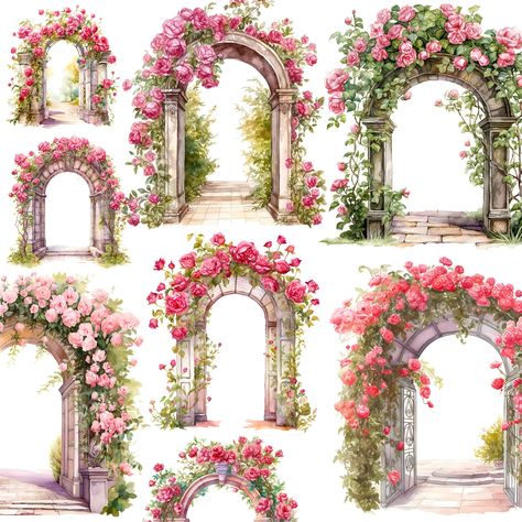 Flower Arch Drawing, Flower Arch Garden, Rose Arches Garden, Arch Of Flowers, Arch Watercolor, Garden Scrapbook, Rose Arch, Floral Arch Wedding, Wedding Card Frames