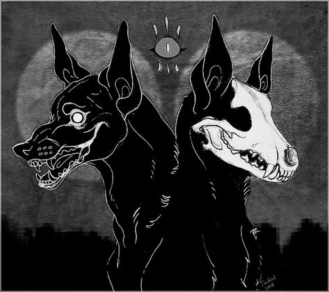 Two Headed Monster Art, Creepy Dog Art, Hellhound Art, Skull Dog Art, Two Headed Dog, 3 Headed Dog, Demon Dog, Creepy Animals, Black Dogs