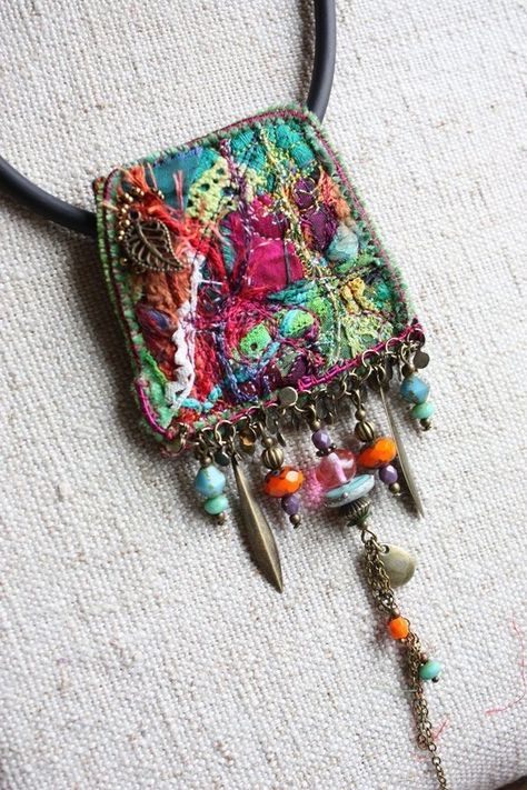 Fiber Art Jewelry, Boho Styl, Mixed Media Jewelry, Fiber Jewelry, Fabric Necklace, Textile Jewelry, Fabric Beads, Diy Schmuck, Bijoux Diy