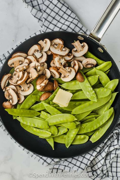 Garlic Snow Peas with Mushrooms - Spend With Pennies Snap Peas And Mushrooms Recipe, Roasted Snow Peas Recipe, Chinese Snow Peas Recipes, Snow Peas Recipe Side Dishes, Snow Pea Recipes, Snow Peas Recipe, Quick Easy Side Dishes, Cast Iron Skillet Recipes Dinner, Parmesan Roasted Broccoli