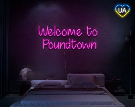 Welcome to poundtown neon sign bedroom, Funny bedroom sign, Poundtown sign bedroom decor, Master bedroom wall decor, Pound town sign Poundtown Sign, Workout Room Ideas, Small Workout Room Ideas, Small Gym Room Ideas, Small Gym Room, Small Workout Room, Gym Room Ideas, Funky Interior Design, Workout Room Ideas Home