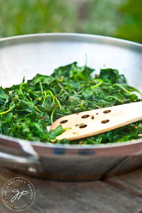 Baby Kale Recipe with Garlic and Red Pepper | The Gracious Pantry Baby Kale Recipes, Recipe For Baby, Drink Quotes, Red Pepper Recipes, Kale Recipe, Yummy Veggies, Dinner Favorites, Baby Kale, Easy Meat Recipes