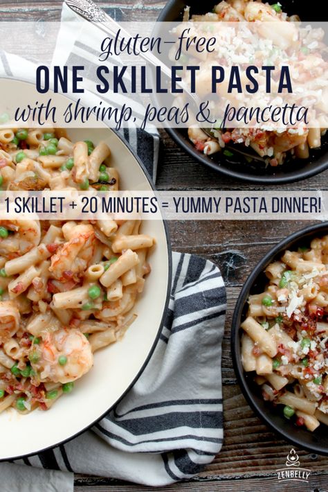 one skillet pasta with shrimp, peas & pancetta | zenbelly One Skillet Pasta, Yummy Pasta Dinners, Peas Pancetta, Panchetta Recipes, Skillet Pasta Recipes, Peas And Pancetta, Pancetta Recipes, Pasta With Shrimp, Pancetta Pasta