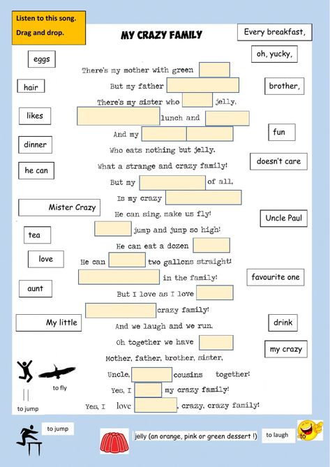 My Crazy Family - Interactive worksheet Listening Worksheets For Kids, Listening Activities For Kids, Listening Worksheet, English Worksheets For Kindergarten, Family Worksheet, Listening Test, Writing Practice Worksheets, Family Songs, Listening Comprehension