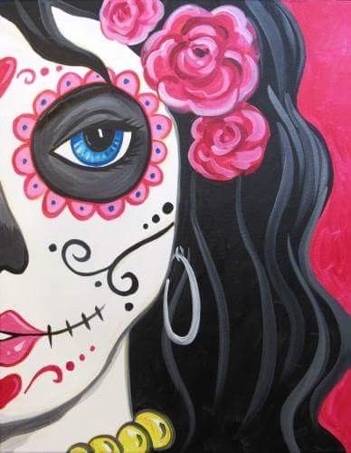 Sugar Skull Art Drawing, Sugar Skull Painting, Starfish Painting, Sugar Skull Artwork, Day Of The Dead Art, Skull Art Drawing, Paint Nite, Cute Canvas Paintings, Skull Painting