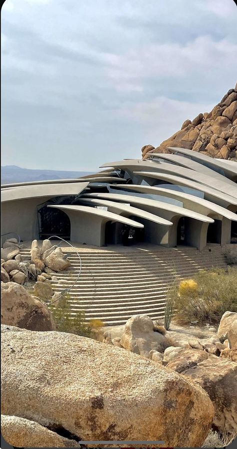 Sunken Building Architecture, Organic Shaped Buildings, Waterfall Building Architecture, Organic Futuristic Architecture, Nature Brutalist Architecture, Avant Garde Architecture, Joshua Tree House, The Joshua Tree, Joshua Tree California