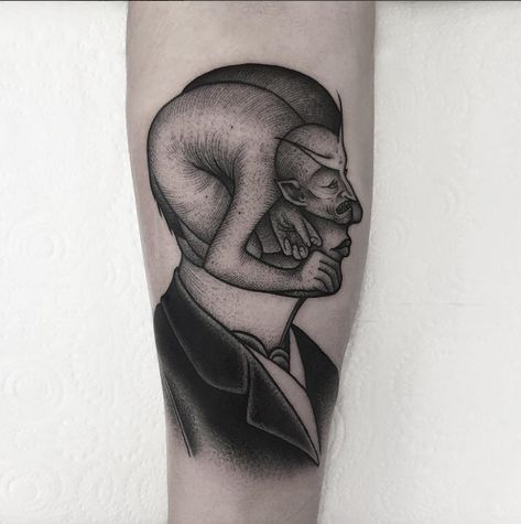 Inner Demon Tattoo Inner Demon Tattoo, Inner Demon, Demon Tattoo, Inner Demons, Samurai Tattoo, S B, Forearm Tattoos, Travel Tattoo, Optical Illusions