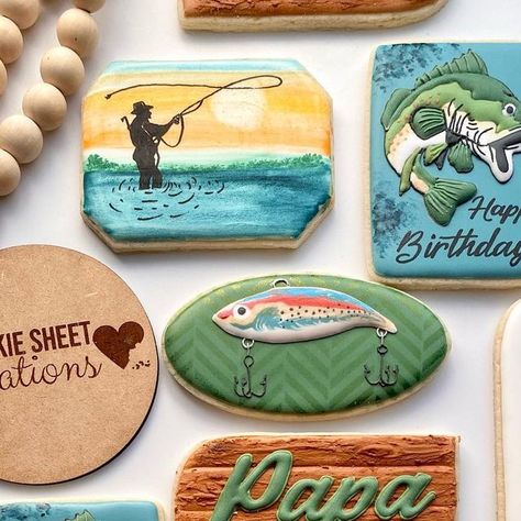 Cookie Sheet Creations on Instagram: "• • bass fishing birthday • • Fisherman silhouette inspired by: @clancydesignsco 💙 #fishingcookies #bassfishing #basscookies #birthdaycookies #decoratedsugarcookies #decoratedcookies #royalicingcookies" Bass Fishing Cookies, Fishing Themed Cookies, Fishing Cookies Decorated, Fishing Party Food, Papas Birthday, Fishing Cookies, Fisherman Silhouette, Camping Cookies, Sports Cookies