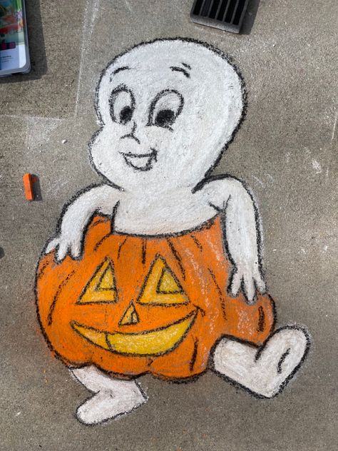 #casperthefriendlyghost #halloween #chalkart #friendlyneighborhoodchalklady Halloween Pumpkin Painting On Canvas, Chalk Fall Drawings, Chalk Halloween Art, Halloween Chalk Ideas, Fall Sidewalk Chalk Art, Fall Sidewalk Chalk, Halloween Sidewalk Chalk Art, Chalk Art Halloween, Chalk Art Fall