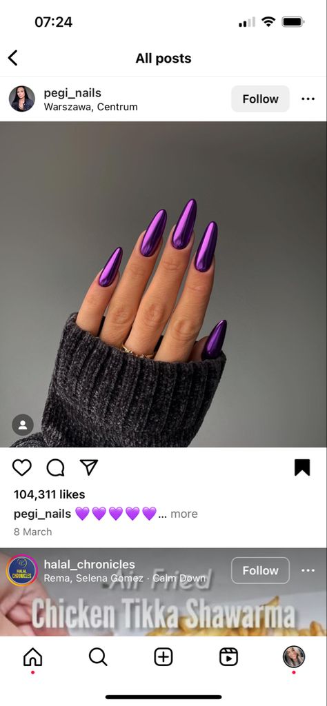 Crome Purple Nail, Dark Purple Silver Nails, Bright Purple Chrome Nails, Deep Pink Chrome Nails, Matalic Nails Acrylic Purple, Dark Purple Nails With Chrome, Neon Purple Chrome Nails, Purple Chrome Halloween Nails, Witchy Purple Nails