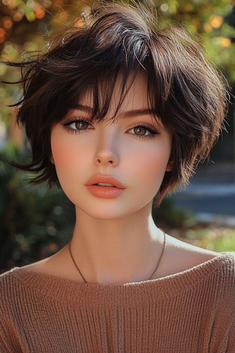 Voluminous Shaggy Pixie with Wispy Bangs, cute short haircut, short hairstyle Short Pixie Bob Hairstyles, Round Haircuts, Short Fluffy Hairstyles, Bangs Shag, Fluffy Hairstyles, Round Haircut, Fluffy Bob, Hairstyles For Seniors, Hairstyles Pixie