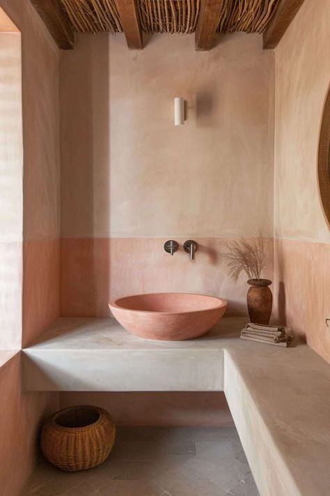 Terracotta Sink Bathroom, Spa Home Bathroom, Bathrooms 2024, Clay Interior, Terracotta Bathroom, Bathroom Ideas 2024, Small Home Offices, Interior Trend, Beautiful Bathrooms