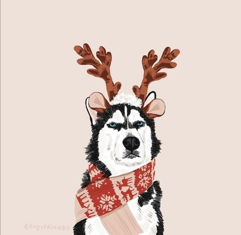 Christmas Husky Wallpaper, Dog Christmas Illustration, Christmas Dog Art, Dog Christmas Wallpaper, Christmas Dog Drawing, Christmas Dog Illustration, Husky Christmas, Puppy Art, Dog Business