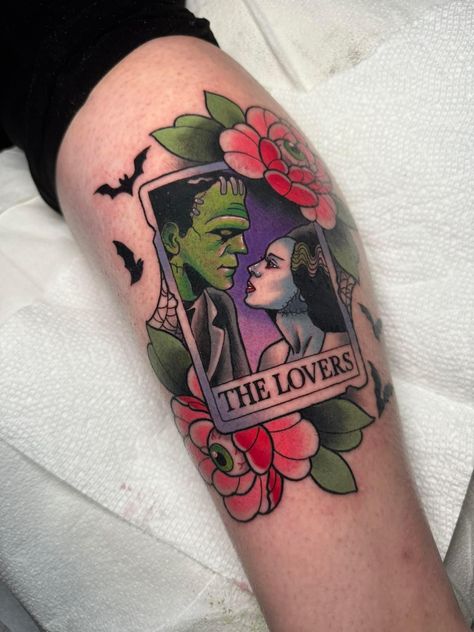 Traditional Bride Of Frankenstein Tattoo, American Traditional Bride Of Frankenstein Tattoo, Frankenstein Traditional Tattoo, Frankenstein Tattoo Traditional, What We Do In The Shadows Tattoo, Traditional Goth Tattoo, Munsters Tattoo, Goosebumps Tattoo, Bride Of Frankenstein Tattoo