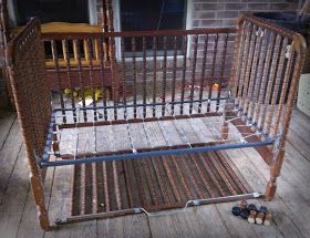 Reuse Cribs, Baby Bed Bench, Upcycled Crib, Upcycle Crib, Antique Baby Cribs, Crib Bench, Old Baby Cribs, Jenny Lind Crib, Metal Crib