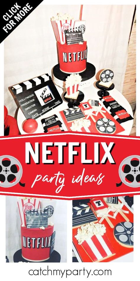 Netflix Decorations Party, Netflix Party Theme, Netflix Theme Party Decorations, Netflix Birthday Party Ideas, Netflix Party Decorations, Netflix Themed Party, Netflix Theme, Netflix Party, Movie Theme Birthday Party