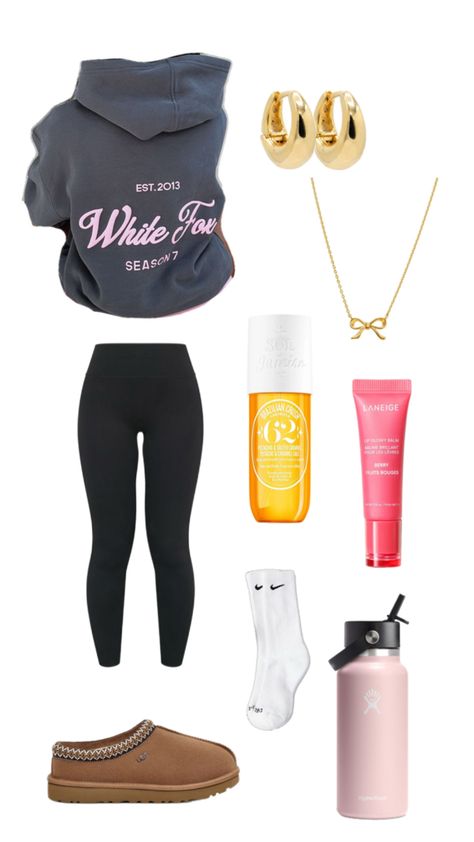 Lululemon Align Leggings, Hydroflask Water bottle Trillium, Gold Bow necklace, Nike socks, White Fox Hoodie, Gold Hoop Earrings, Laneige Lip Glowy Balm Berry, Sol De Janeiro 62, UGG Tasman Slippers Cozy Hoodie Outfit, Comfy Outfits With Leggings, Cute Easy Outfits For School, White Fox Hoodie, Laneige Lip Glowy Balm, Hydroflask Water Bottle, Lip Glowy Balm, Cute Middle School Outfits, Slippers Outfit