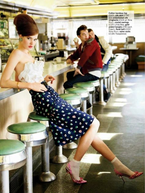 'Meet Me At The Diner' ~ Esme Wissels, James, Matti & Wes by Walter Chin for Glamour UK,  March 2012 Diner Photoshoot, 50s Photoshoot, Fashion Editorial Couple, Retro Photoshoot, Vintage Diner, Vintage Photoshoot, Retro Diner, Glamour Uk, American Diner