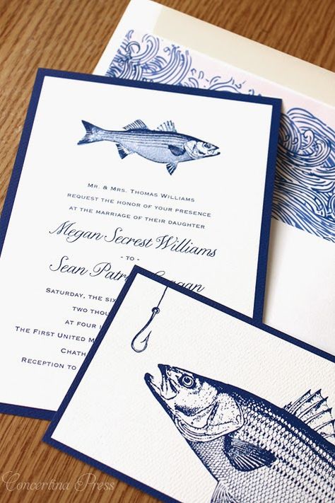 Striped Bass Wedding Invitations Vintage Nautical Wedding, Unique Beach Wedding, Fishing Themed Wedding, Fishing Theme Party, Wedding Invitation Styles, Nautical Wedding Invitations, Fishing Wedding, Ocean Wedding, Sports Wedding