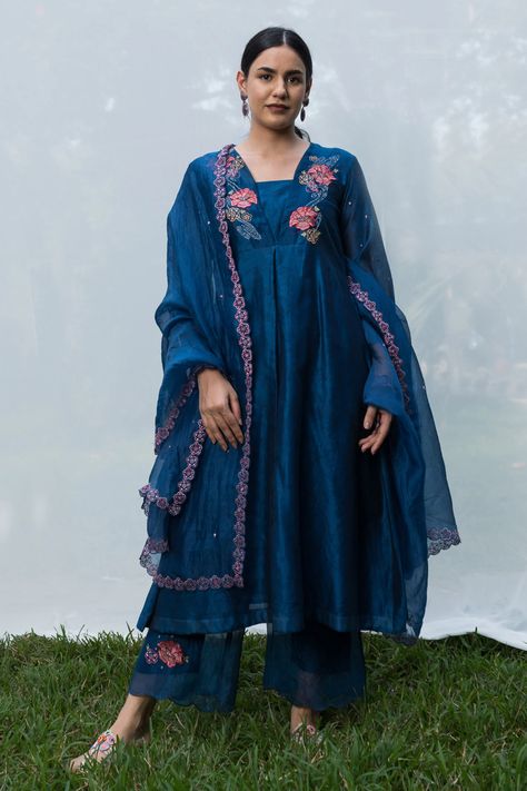 Buy Beige Blue Silk Organza Dupatta Online | Aza Fashions Organza Embroidery, A Line Kurta, Organza Dupatta, Indian Fashion Designers, Kurta With Pants, Silk Organza, Suit Designs, Kurta Designs, Blue Silk