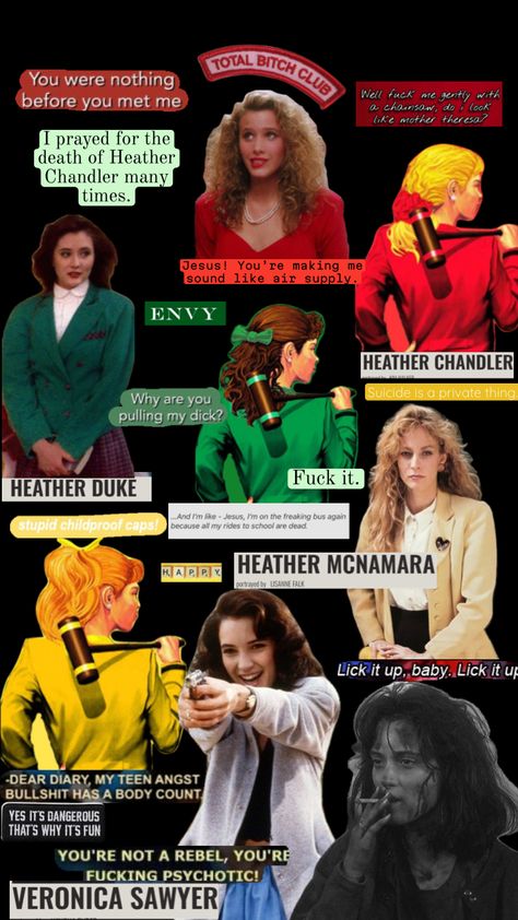 JD has been ommitted, despite the fact that he’s hilarious #heathers #heathersmovie #veronicasawyer #heathermcnamara #heatherduke #heatherchandler Heather Macamera Heathers, Heathers The Musical Characters, Heathers Chandler, Heathers Background, Chansaw Heathers, Heathers The Movie, Jd Heathers Fanart, Heather Chandler X Veronica Sawyer, Heathers Pfp