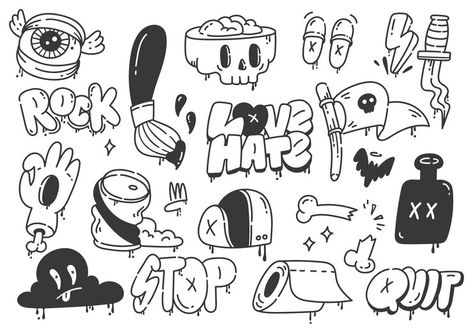 Premium Vector | Set of hand drawn graffiti doodle vector illustration Graffiti Doodles Easy Step By Step, Cute Graffiti Doodles, Graffiti Shapes, Cool Graffiti Art, Graffiti Elements, Graffiti Art Drawings, Doodle Graffiti, Easy Graffiti, Easy Graffiti Drawings