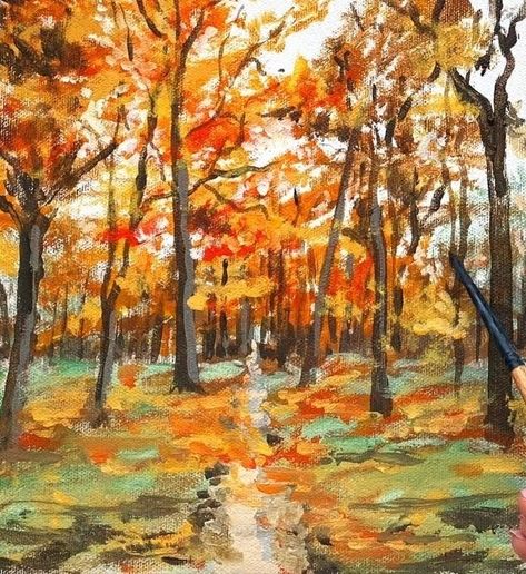 Fall Painting Acrylic Easy, Acrylic Painting Ideas Landscape Forests, Autumn Landscape Painting Easy, Fall Tree Painting Acrylic Easy, Acrylic Painting Fall Ideas, Fall Acrylic Painting Tutorial, Fall Scene Painting, Autumn Painting Acrylic Easy, Fall Watercolor Landscape