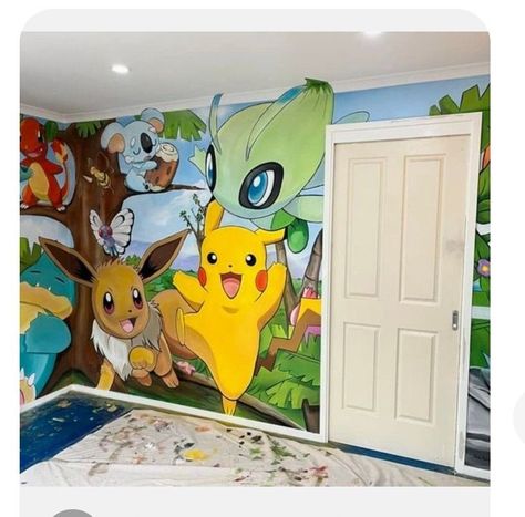 Pokemon Wall Mural, Pokémon Mural, Pokemon Room Ideas Kids, Pokemon Mural, Pokemon Wall Stickers, Pokemon Nursery, Pokemon Bedroom, Pokemon Room, Kid Bedrooms