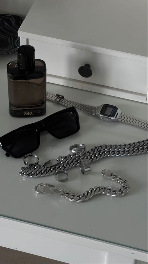 Accessories and jewellery essentials - silver wear - sunglasses - aftershave How To Wear Mens Jewelry, Mens Aftershave Aesthetic, Men Silver Jewelry Aesthetic, Silver Accessories Men, Aesthetic Accessories Men, Men Accessories Aesthetic, Men’s Accessories, Men’s Jewellery, Jewellery Essentials