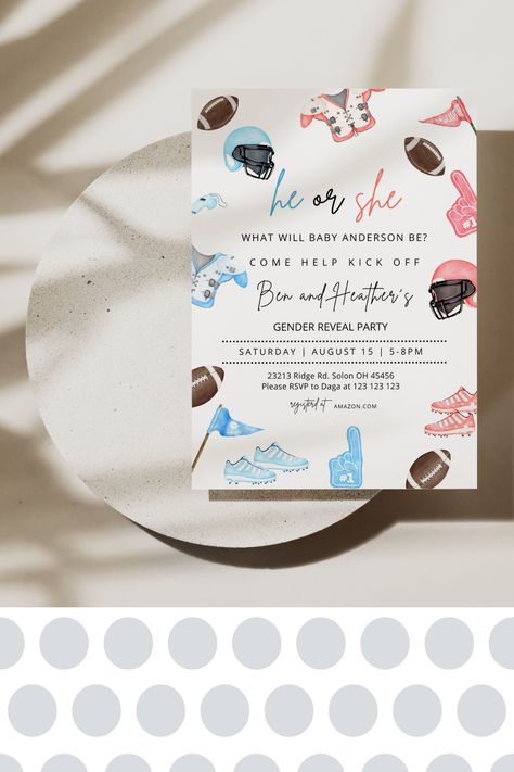 Kick off your football-themed gender reveal party with DagaArtStudio's exclusive invitations! With our customizable Etsy templates, you can choose from a range of designs to create an invite that's uniquely you. Get ready to win the hearts of your guests and set the tone for an unforgettable event. DOWNLOAD NOW and make your big reveal a touchdown! Apple Gender Reveal, Gender Reveal Football, Football Themed Gender Reveal, Football Theme Gender Reveal, Football Gender Reveal Ideas, Gender Reveal Theme Ideas Unique, Football Gender Reveal Invitations, Football Gender Reveal, Puppy Birthday Invitations