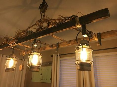 Antique ladder light fixture Old Ladder Light Fixture, Ladder Lights Hanging Kitchen, Ladder Lights Hanging, Ladder Lighting, Ladder Light Fixture, Cool Lighting Ideas, Antique Kitchen Ideas, Antique Ladder Decor, Quirky Farmhouse