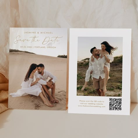 Announce your upcoming wedding in style with this trendy Modern Gold Script QR code save the date card! The design features "Save the Date" displayed in trendy gold calligraphy overlay with your full-bleed, vertical engagement photo. Personalize the front of the minimalist save the date with your names, wedding date, and location. The back of the card displays an additional image with a QR code for guests to scan to visit your wedding website. The chic gold save the date is the perfect choice for modern weddings. Save The Date With Qr Code, Save The Date Examples, Save The Date Inspiration, Save The Date Pictures, Minimalist Save The Date, Gold Save The Dates, Card Displays, Unique Save The Dates, Modern Save The Dates