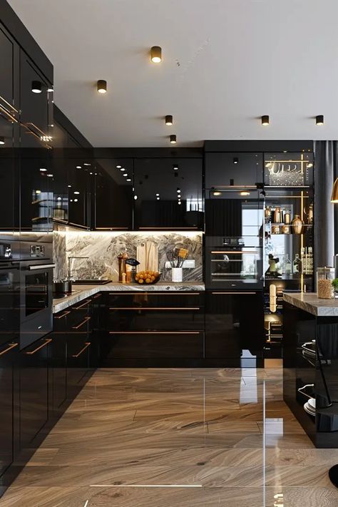 44 Black Kitchen Ideas That Never Go Out of Style - DecorWithEva Marble Kitchen Decor Inspiration, Black Marble Kitchen Ideas, Luxurious Kitchen Interior, Copper Black Kitchen, Modern Kitchen Black Cabinets, Black Marble Kitchen Countertops, Dark Marble Kitchen, Black Marble Interior, Black Floor Kitchen