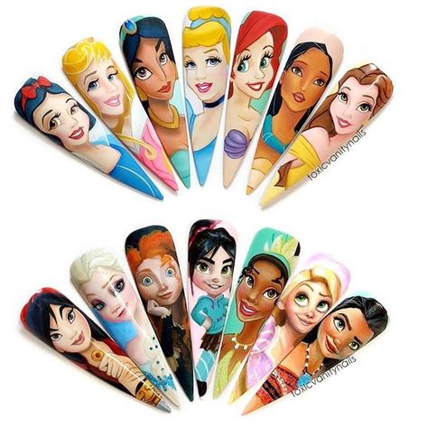 Disney Princess Nail Art, Princess Nail Art, Disney Themed Nails, Disney Princess Nails, Cartoon Nail Designs, Cartoon Nails, Long Nail Art, Disney Princess Cartoons, Super Cute Nails