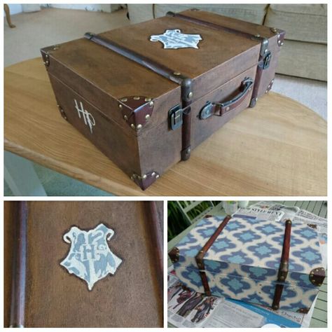 Handmade, Harry potter trunk, harry potter suitcase. Diy Harry Potter Luggage, Harry Potter Trunk Diy, Harry Potter Suitcase Trunks, Harry Potter Gift Basket, Harry Potter Suitcase, Harry Potter Luggage, Harry Potter Themed Bedroom, Hot Topic Harry Potter, Handmade Harry Potter