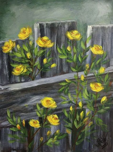 Flowers On Vines Painting, Yellow Rose Flower, Barn Painting, Tree Swing, Paint Night, Acrylic Painting Tutorials, Simple Acrylic Paintings, Painting Tutorials, Night Painting