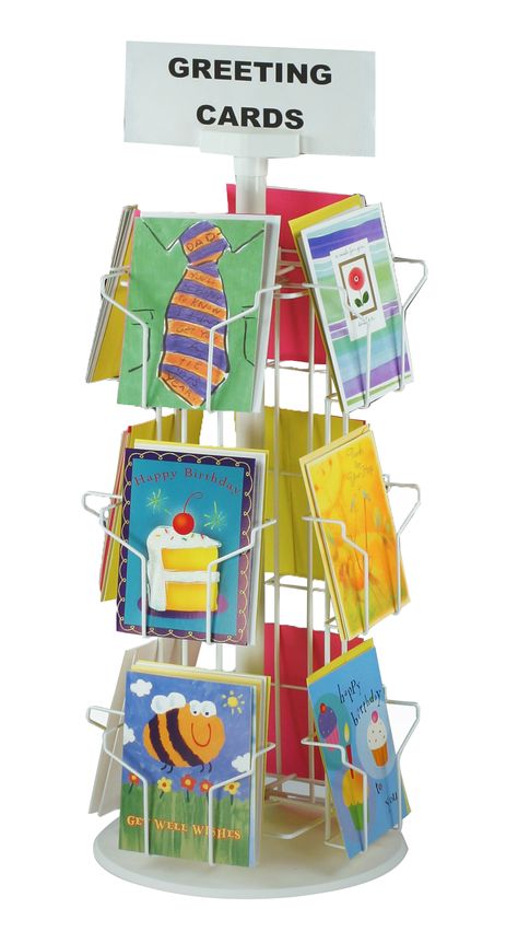 This revolving wire rack is designed to sit on your countertop and features (12) pockets that accomodate 5" x 7" greeting cards. Each pocket is 5 1/2" wide x 8 3/4" high (rear) x 1 1/2" deep. The entire greeting card rack is constructed of sturdy white wire, with a solid white plastic base. Also included is a plastic sign holder, which mounts to the top of the display, and holds your 1/8" thick plastic or acrylic signs. The unit is 12" in diameter, stands 29" tall. Assembles in minutes with no Wire Card Holder, Greeting Card Display Stand, Greeting Card Holder, Cardboard Display Stand, Greeting Card Display, Craft Fairs Booth, Art And Craft Shows, Cardboard Display, Rack Card