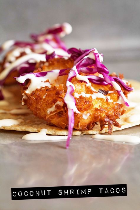 Coconut Shrimp Tacos Coconut Shrimp Tacos, Baja Shrimp, Baja Shrimp Tacos, Shrimp Tortilla, Tacos At Home, Tacos Menu, Baja Fish Tacos, Mexican Crema, Shrimp Seasoning