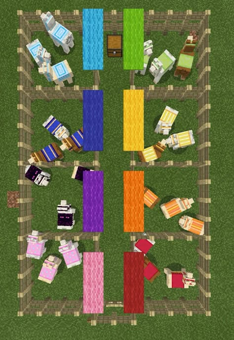 Llama farm - Colour sorted Minecraft Llama Carpet, Minecraft Llama Farm, Llama Enclosure Minecraft, Minecraft Llama Pen, Minecraft Llama, Llama Farm, Minecraft Decoration, Minecraft Interior Design, Minecraft Farm