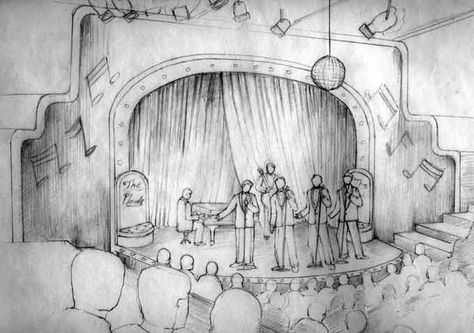 Stage Reference Drawing, Panggung Pentas Seni, Plaid Drawing, Scenic Sketches, Stage Sketch, Stage Drawing, Crowd Drawing, David Curtis, Conceptual Sketches