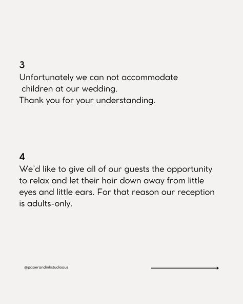 HOT FAQ incoming!!! Q: How do we say NO kids to our wedding guests? A: Say it with your wedding invitation. In this post we have given you 4 polite ways, wording suggestions to say NO KIDS on your wedding invite. WEDDING TIP: Put this request on a separate card, like your "details or info' card. It will give you more room to use enough words to sound polite, instead of trying to cram it on your main invite. 💘SAVE THIS POST OR SHARE WITH A TO BE WED COUPLE. @paperandinkstudioaus We... Kid Free Wedding Wording, No Kids At Wedding Wording, Who To Invite To Your Wedding, No Kids Wedding Invitation, No Kids Wedding Invite Wording, Wedding Invite Wording Funny, Wedding Wording, 2025 Wedding, Dream List