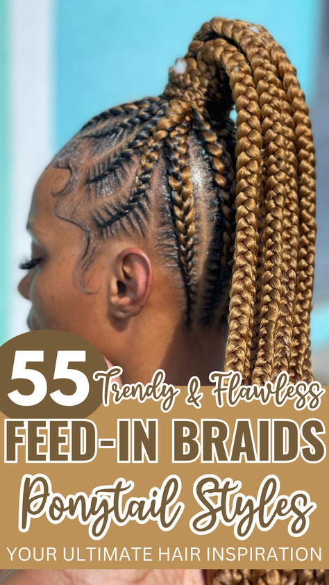 Feed-In Braids Ponytail Scalp Braid Ponytail, Braided Ponytail With Curls, Stitch Braided Ponytail, Stitch Braids Ponytail, Boho Stitch Braids, Ponytail Braids Hairstyles, Stitch Ponytail, Ponytail With Curls, Braided Stitch