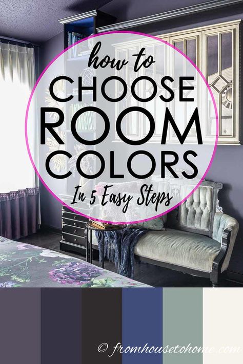 These steps for choosing a color scheme for your room are so simple that anyone can follow them and have their room turn out!. I love the dark purple and gold master bedroom color palette they use as an example. But the process would work for any interior design style. #fromhousetohome #colorscheme #paintcolor #decoratingtips Color Palette For Home Interiors, Bedroom Ideas For Women In 30's, Color Wheel Interior Design, Bedroom Color Palette, Purple Interior Design, Color Groups, Bedroom Paint Colors Master, Colour Psychology, Bedroom Color Combination